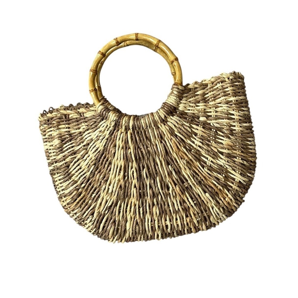 Faded Glory Woven Straw Tote Bag Large Tan Bamboo Handle Boho Summer Beach